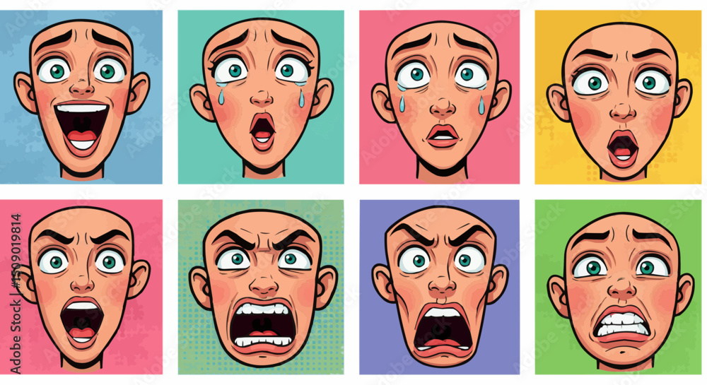 A vibrant collection of diverse cartoon faces showcasing various human emotions and expressions A vibrant collection of diverse cartoon faces showcasing various human emotions and expressions