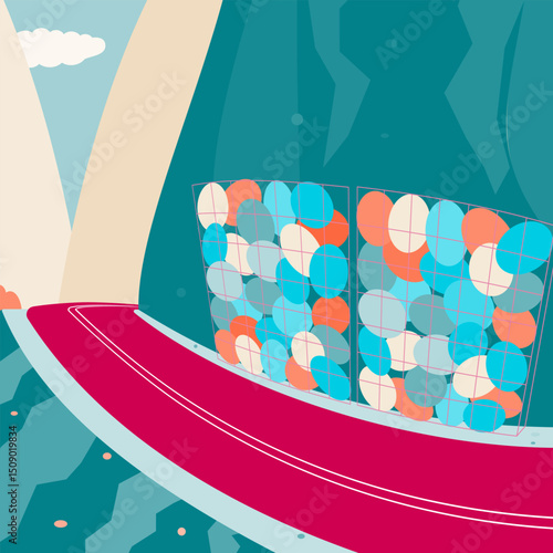 rockfall protection, net, roadside, flat illustration