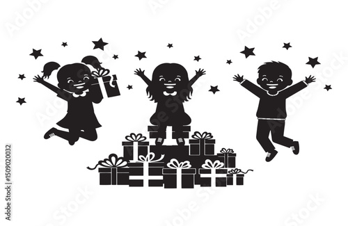 Joyful Kids Celebrating with a Mountain of Presents A Black and White Illustration