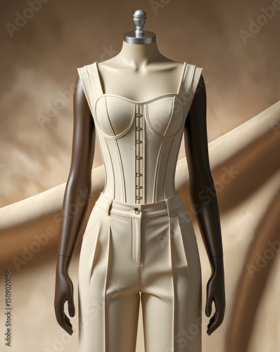 Elegant fashion mockup featuring boned corset top and wide-leg trousers in cream fabric. High-end 3D mannequin setup with suede texture and luxury directional lighting.