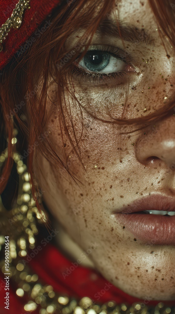 Close up of a model with freckles and striking jewelry in a vibrant outfit during a fashion shoot Close up of a model with freckles and striking jewelry in a vibrant outfit during a fashion shoot
