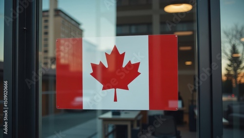 Displaying canadian pride flag on office door in urban environment business context daytime view
