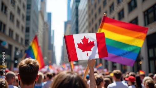 Celebrating pride canadian lgbtq+ parade in downtown city vibrant atmosphere colorful flags in view