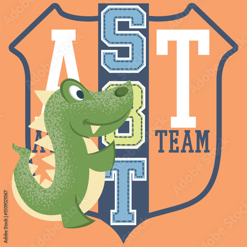 Crocodile or alligator mascot design with a sporty style, textures, text, and patches with varsity numbers and university-themed flags.