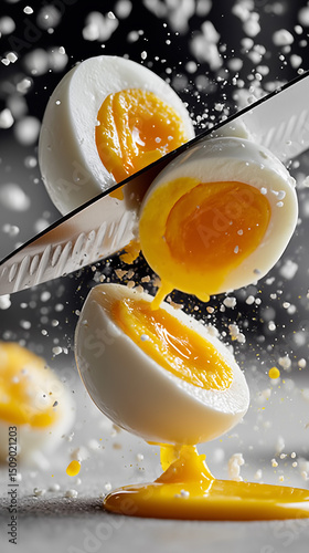 Close-up of Soft-Boiled Egg with Dripping Yolk and Flying Salt in Motion