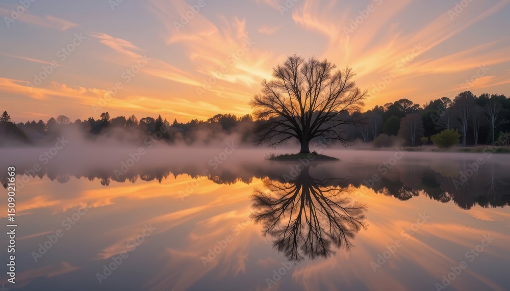 Fototapeta premium Serene Sunset Over Reflective Lake Nature Landscape Photography Tranquil Environment Peaceful View