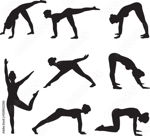 Best vector set of elegant yoga silhouettes in modern poses. Graceful postures including downward dog, lotus, tree posture tree pose, etc, vector illustration file isolated on white background, eps10 