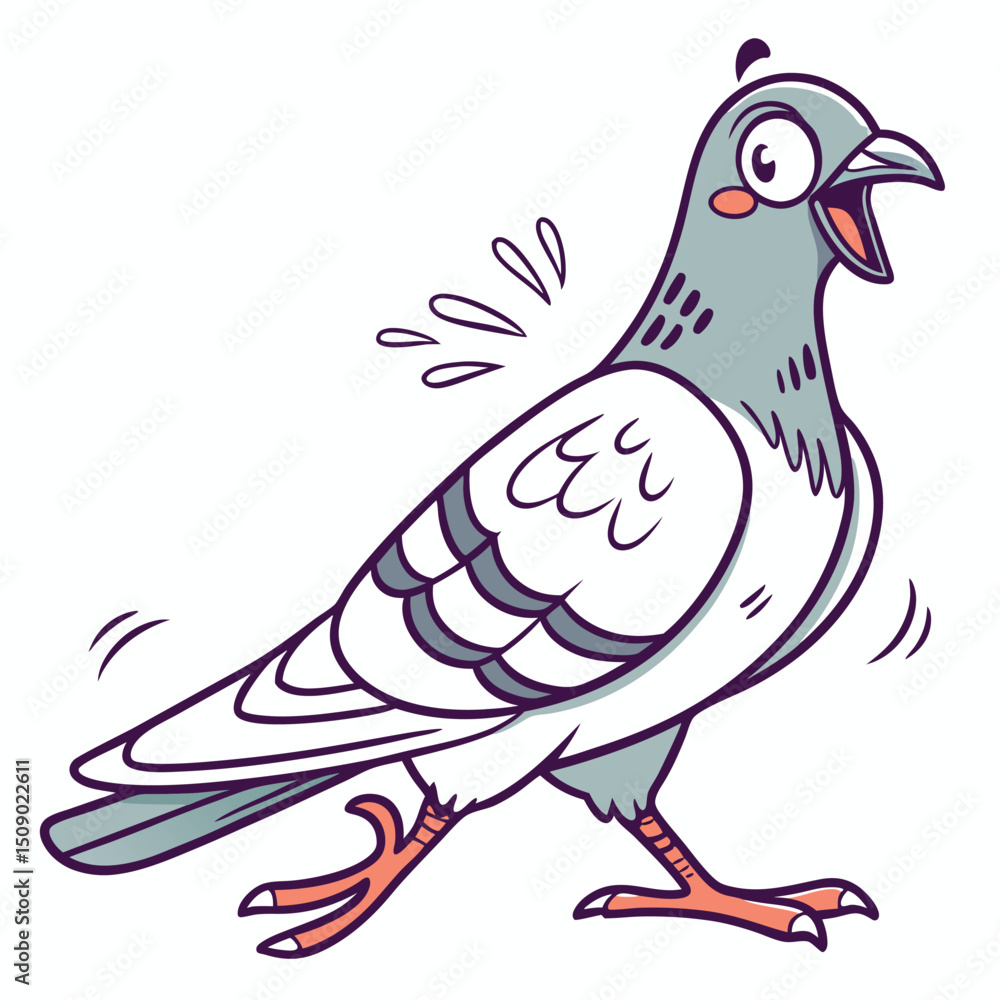 Fototapeta premium Animated pigeon walking with a shocked expression while looking directly at the viewer