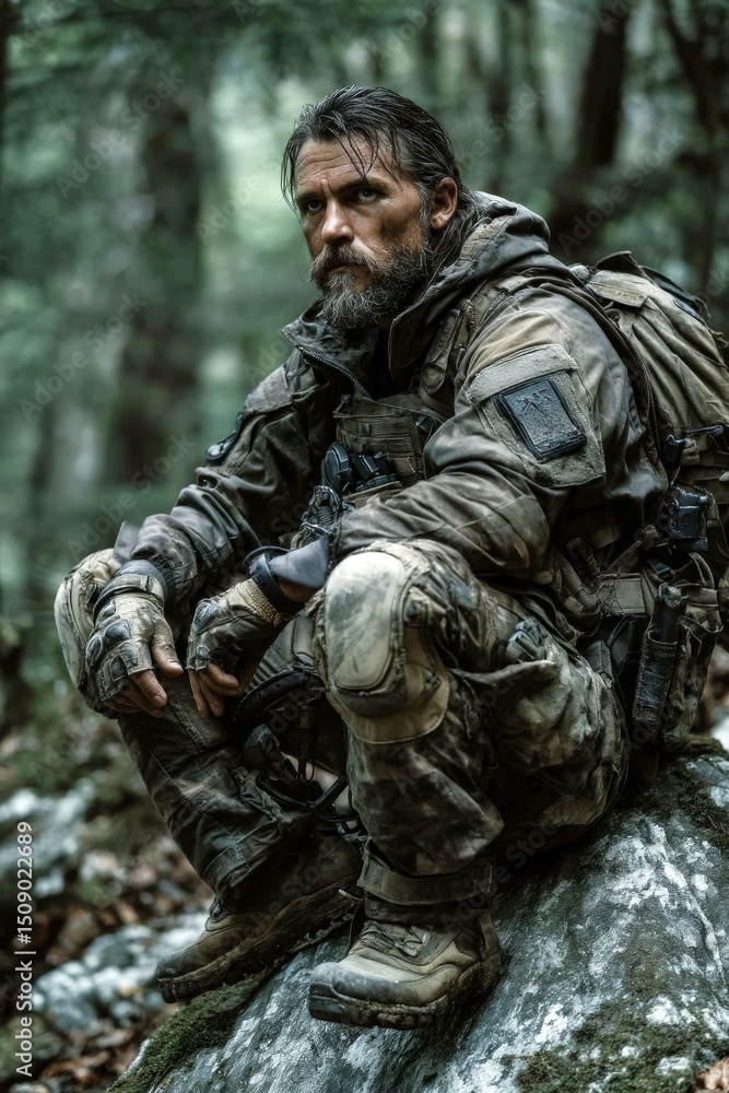 Obraz premium Intelligence agent surveys dense forest while kneeling behind rock