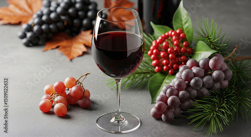 Red Wine Glass with Grapes and Festive Decorations