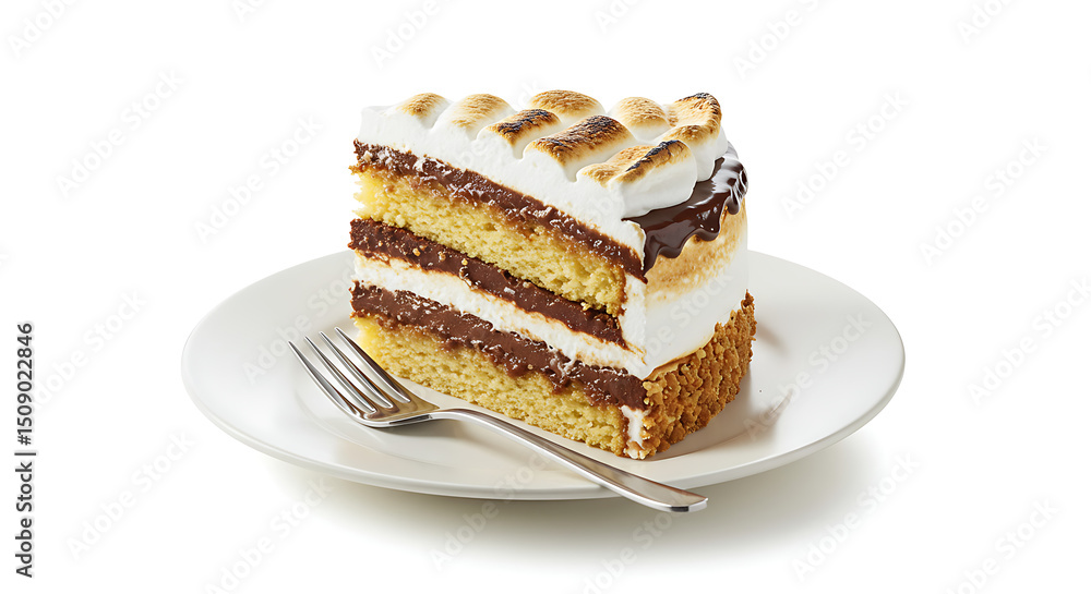 S'mores cake slice with graham cracker layers, chocolate ganache, and toasted marshmallow frosting, served on a round white dish with fork, isolated on white background, studio lighting, high-detail S'mores cake slice with graham cracker layers, chocolate ganache, and toasted marshmallow frosting, served on a round white dish with fork, isolated on white background, studio lighting, high-detail