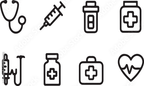 Medical Icon Set Stethoscope Syringe Pills IV Drip Heartbeat