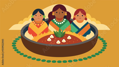 A handcrafted quinoa dish prepared by local indigenous women utilizing traditional techniques and showcasing the cultural importance of this Andean superfood.. Vector illustration