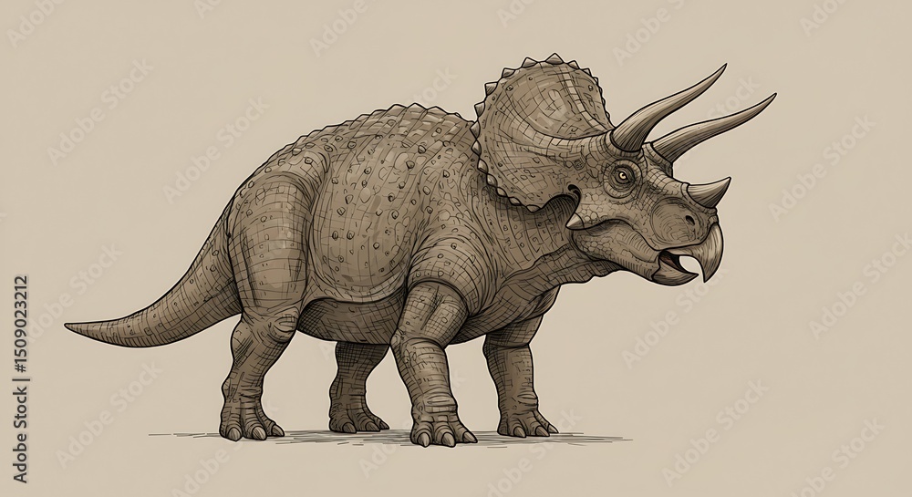 Fototapeta premium Walking Triceratops Dinosaur Illustration on Beige Background