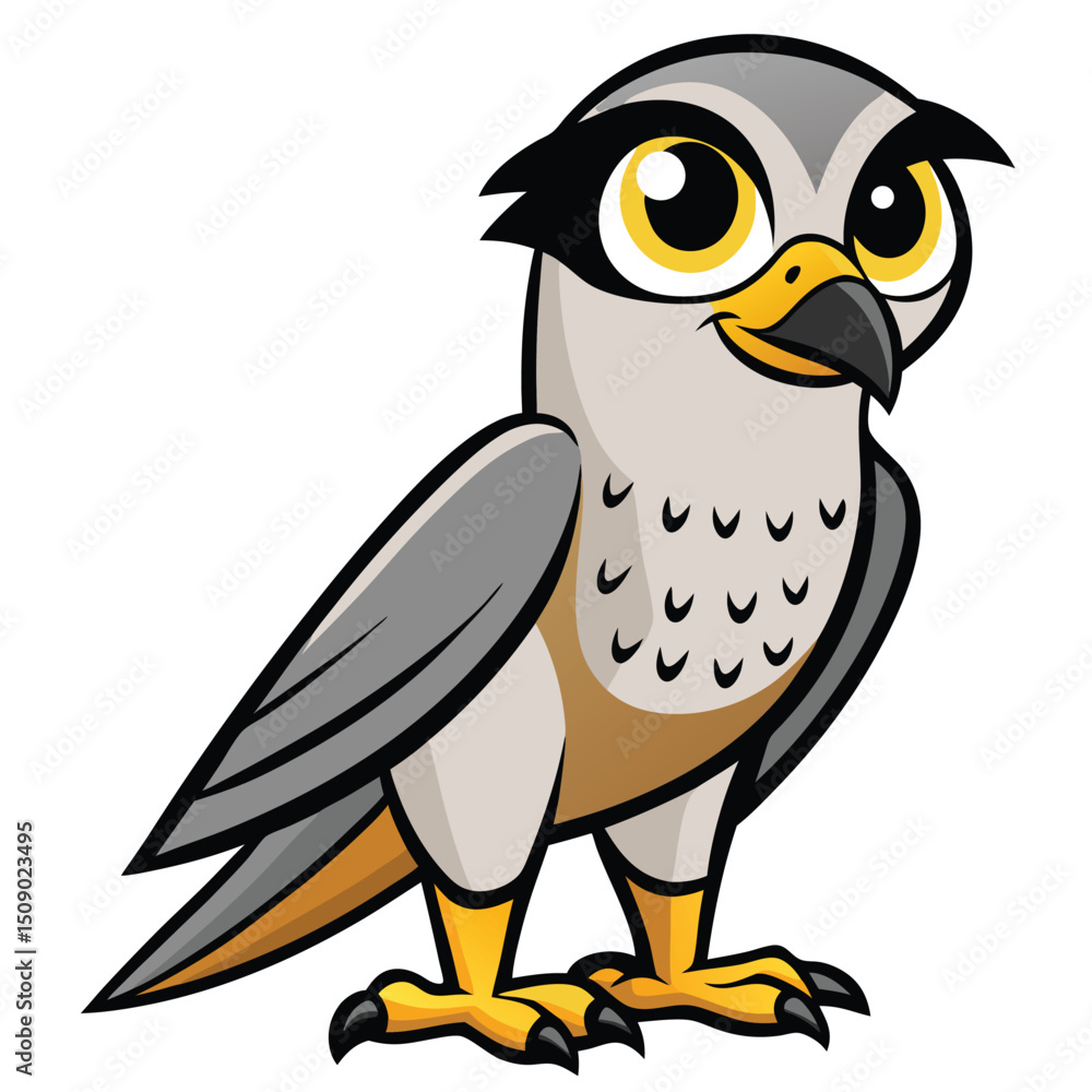 Obraz premium Cartoon bird with yellow eyes and gray feathers is standing on white