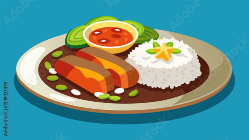 A mouthwatering casado platter encompassing a tender beef let savory rice and beans and a side of crunchy jicama slaw.. Vector illustration