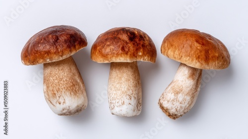Three brown mushrooms with smooth, rounded caps are displayed closely together on a plain surface. The mushrooms exhibit a range of earthy hues, highlighting their freshness