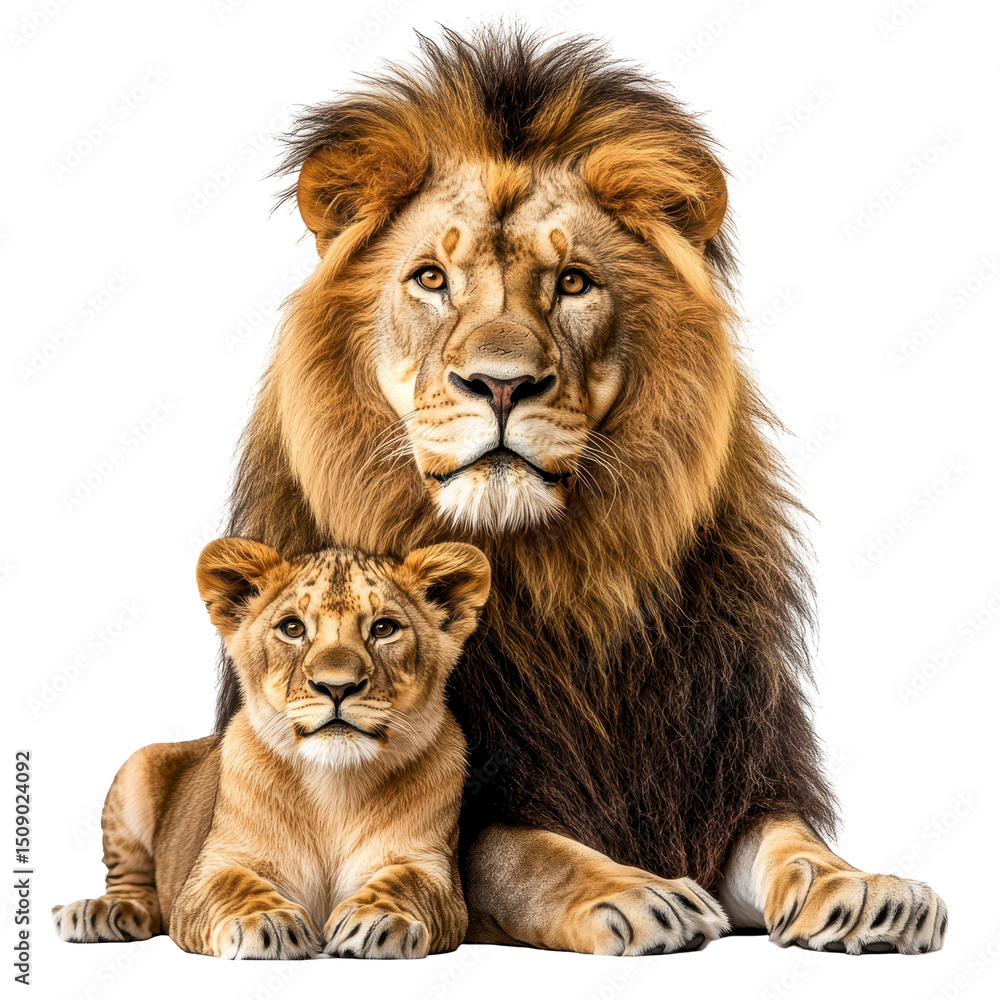 Fototapeta premium Portrait of lion with king, Animal lion wildlife Africa predator danger wilderness safari savanna Botswana Okavango Delta Kruger nature, isolated on transparent background