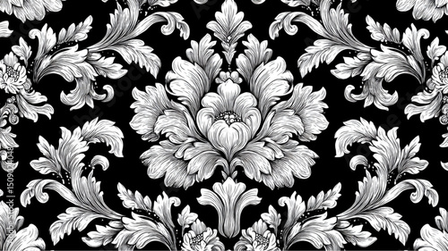 Intricate floral damask pattern in black and white featuring symmetrical flower arrangements design element