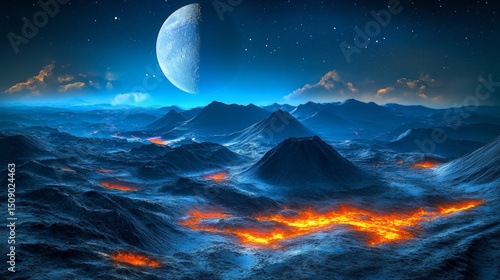 A digital wallpaper depicting an alien world with mountainous terrain and bizarre rocks, set against a cosmic background, ideal for pc and desktop, showcasing interplanetary exploration and 3D