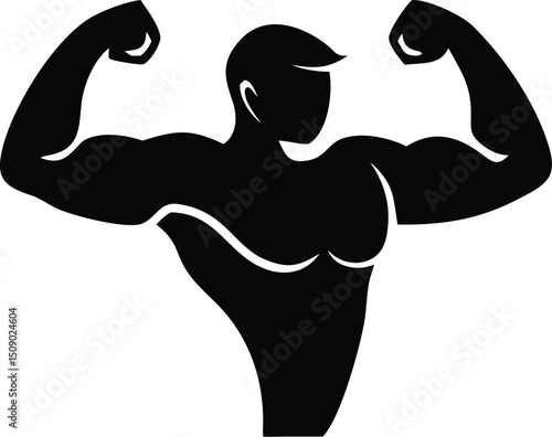 Silhouette shows muscular figure flexing both arms, showcasing physical strength on a transparent background