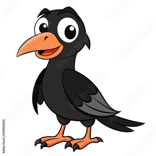 Black cartoon crow with an orange beak is standing and smiling pleasantly