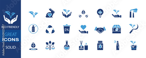 A modern solid icon set representing eco-friendly concepts such as sustainability, organic living, biodegradable materials, and environmental protection. Perfect for environmental product labels