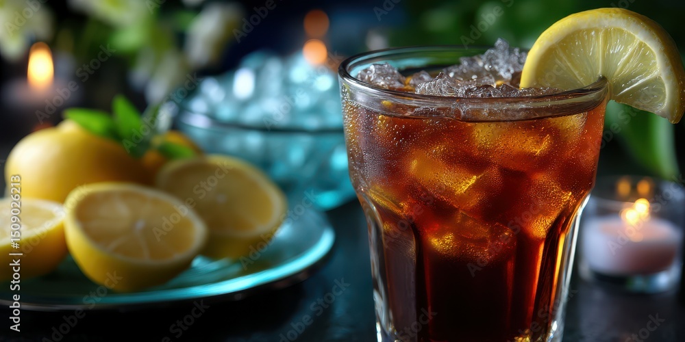 Refreshing iced tea with lemon and fresh lemons on a dark table during a calm evening glow Refreshing iced tea with lemon and fresh lemons on a dark table during a calm evening glow