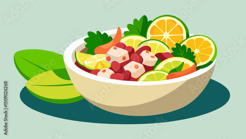 A mound of diced octopus blending perfectly with diced mangoes lime juice and fresh parsley for a flavorful ceviche.. Vector illustration