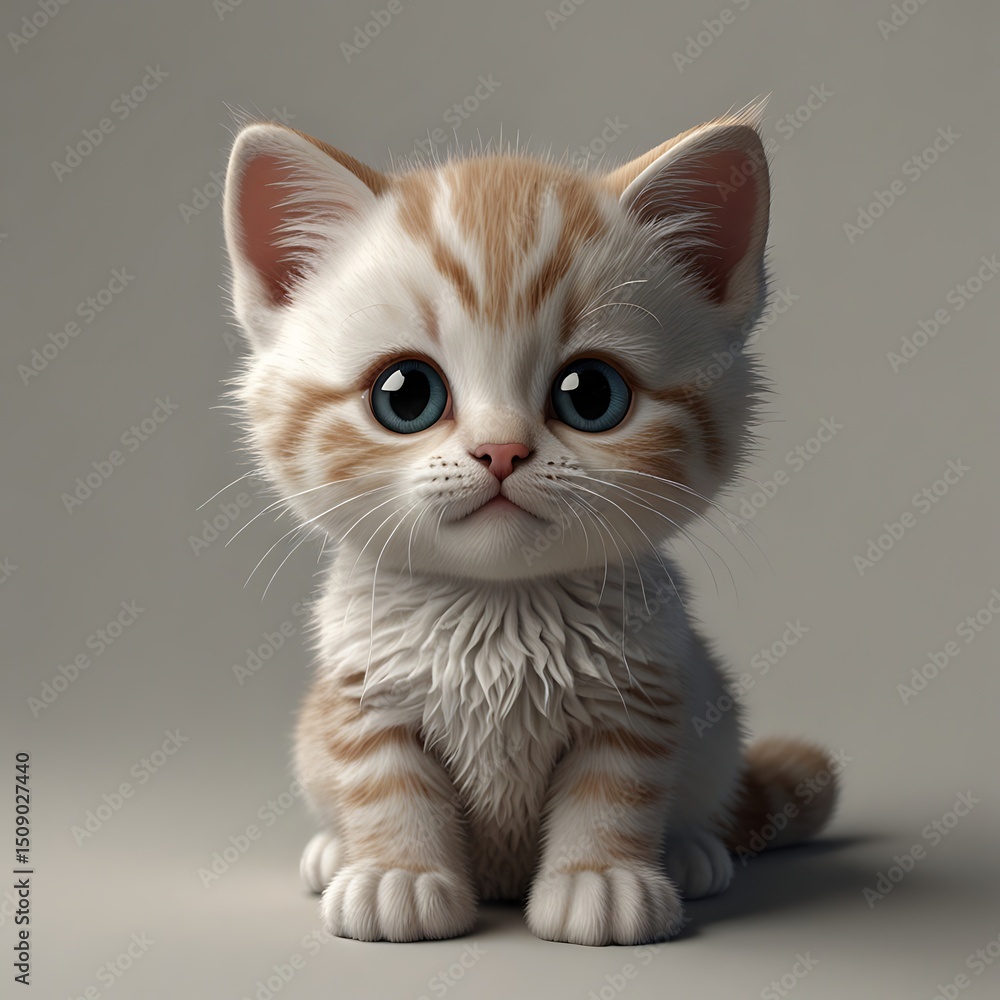 Cute Fluffy Kitten Sitting on Gray Background Cute Fluffy Kitten Sitting on Gray Background