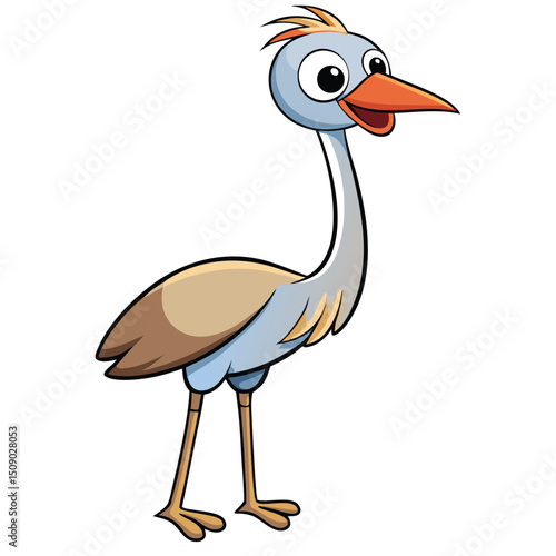 Cartoon heron stands, looking forward with blue and tan coloring with an orange beak