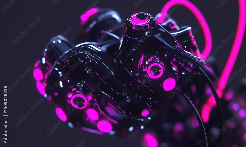 Fototapeta premium Futuristic black heart machine, pink lights, dark background, sci-fi concept art, tech illustration