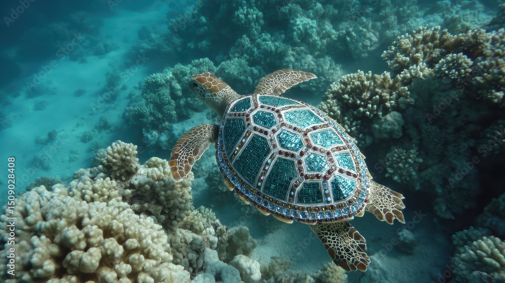 Fototapeta premium mosaic turtle underwater with coral reef, oceanic blue-green tones