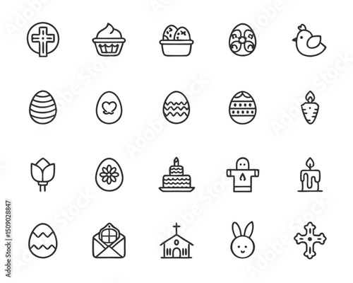 Easter icons vector set: easter eggs, bunny, carrot, cake, cross, church, and more easter elements