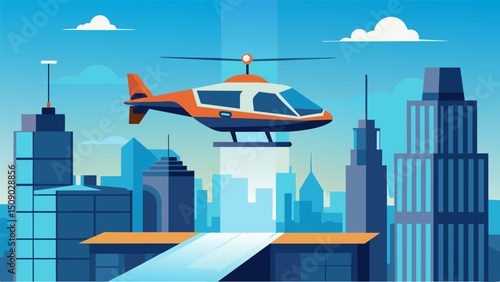 A flying taxi made its descent onto a landing pad on top of a skyscraper adding to the already busy skyline.. Vector illustration