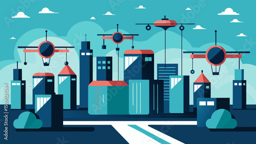 A network of futuristiclooking charging stations for electric air taxis and delivery drones situated strategically throughout the city.. Vector illustration
