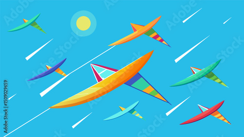A colorful swarm of emissionfree gliders soaring gracefully through the clear blue skies powered only by the energy of the sun.. Vector illustration