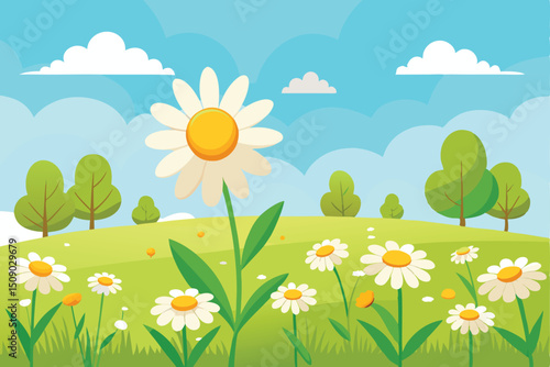 Sun-drenched spring meadow with colorful flowers and green grass under a clear sky, an idyllic summer landscape illustration