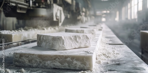 Limestone block production factory with a selectively focused background and available space for textual content