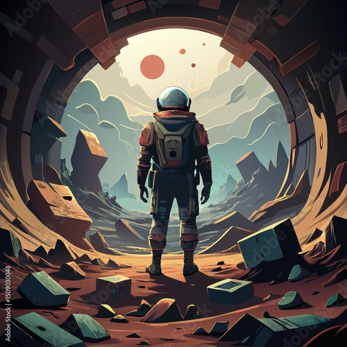 Astronaut Exploring Alien Planet Ruins in a Spacesuit