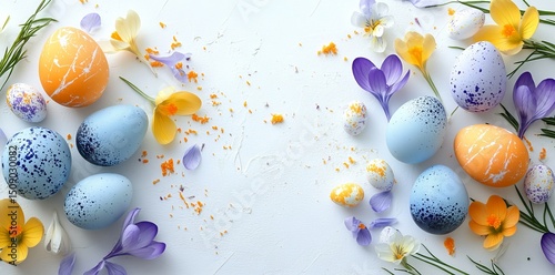 Easter eggs are displayed alongside blue hepatica flowers, violet crocuses, and yellow primula on a white background, allowing for text, in a flat lay, top-down perspective