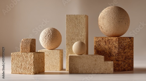 3D geometric composition made of rough stone cubes and spheres on clean background, natural textures