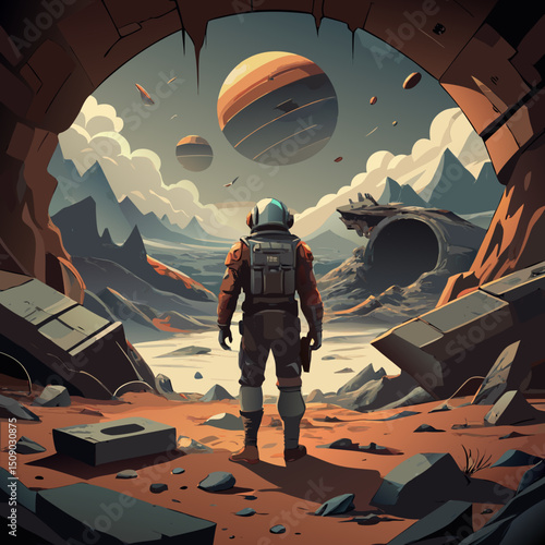 Astronaut Exploring Alien Planet Landscape with Crashed Spaceship