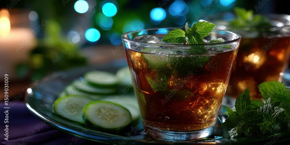 Refreshing summer drink served with mint and cucumber in a vibrant setting Refreshing summer drink served with mint and cucumber in a vibrant setting