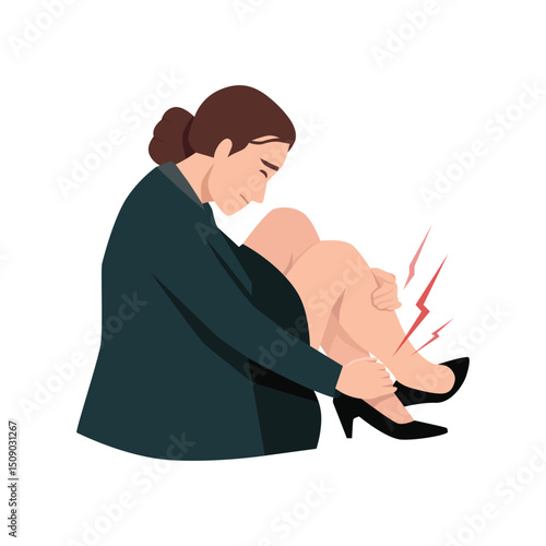 Woman sitting down and holding her ankle in discomfort, Pain caused by wearing high heeled shoes. Flat vector illustration isolated on white background