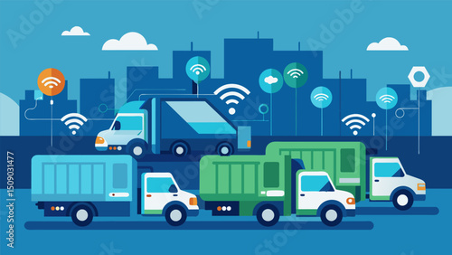A fleet of delivery trucks with builtin telematics systems that analyze engine performance and predict maintenance intervals based on driving habits.. Vector illustration