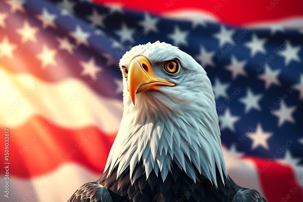Naklejka premium Eagle portrait with calm expression, centered over soft U.S. flag background.