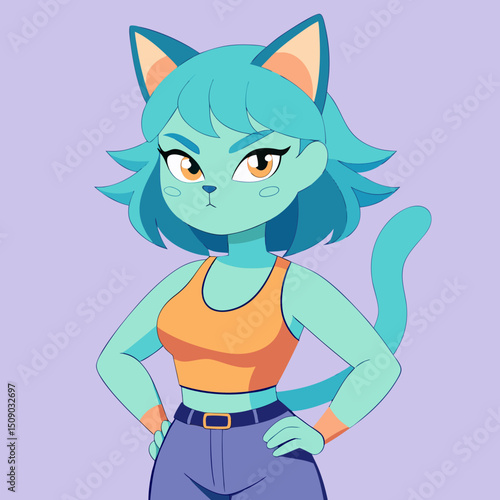 Confident Aqua Cat Girl Cartoon Character Illustration