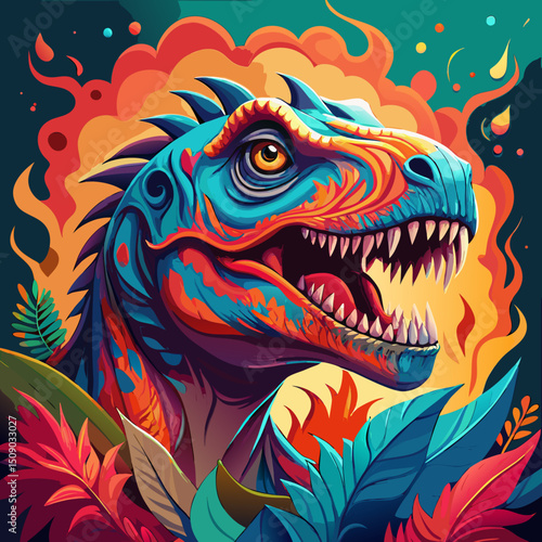 Wallpaper Mural Vibrant Colorful Dinosaur Head with Tropical Leaves and Fire Torontodigital.ca