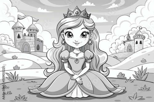 Funny cartoon illustration of a fairy tale princess in a beautiful castle, perfect for a child's coloring book